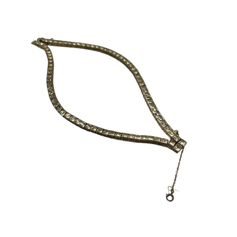 Vintage 7” Sterling Double Strand Pave Rhinestone Tennis Bracelet Safety Chain